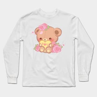 Pink Rose Floral Valentine Teddy Bear Hugging a Heart Long Sleeve T-Shirt